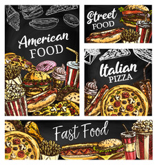 Sticker - American fastfood posters, sketch takeaway fast food vector burger, hot dog, pizza and soda drink. French fries, donut, ice cream or tacos takeaway snacks on blackboard with junk food sketch banner