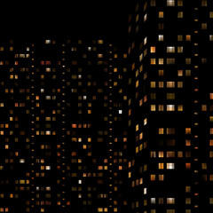 Wall Mural - Glowing gold windows of buildings at night on a black background. City night landscape, view. High buildings, window lights. Abstract background, wallpaper. Vector illustration