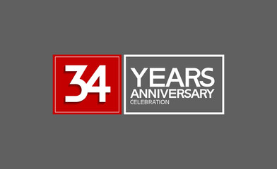 Poster - 34 years anniversary in square with white and red color for celebration isolated on black background