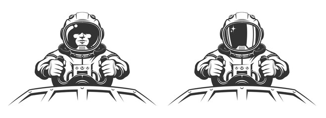 Wall Mural - astronaut pilot in spacesuit controls spaceship. spaceman holds the helm of space shuttle. vector re