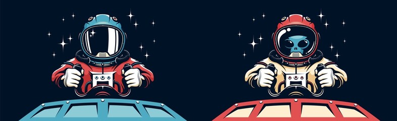 Wall Mural - alien astronaut in spacesuit driving flying saucer. spaceman on space shuttle. vector retro illustra