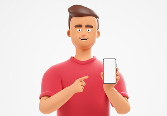 handsome cartoon character man in red t-shirt show smartphone, pointing to white blank screen with f