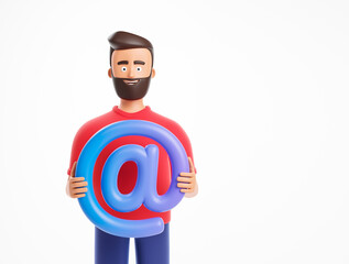 Portrait of handsome beard cartoon character man in red shirt holding email at symbol isolated over white background.