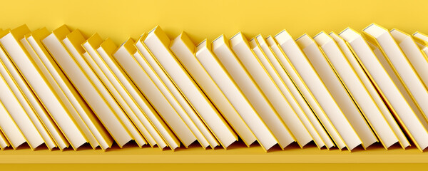 Sticker - The books are tilted on a yellow shelf. 3D rendering illustration.