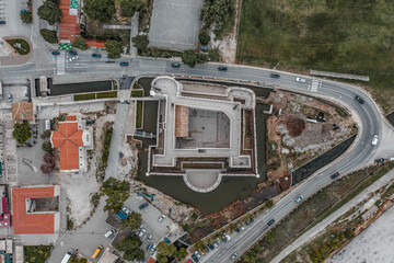 Wall Mural - Aerial overhead drone shot of Fort Kastio in Ston in Croatia morning sunrise