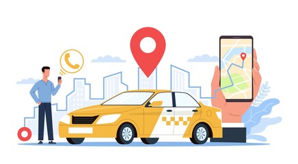 Taxi service. Man with smartphone on city landscape, screen app using, hand holds phone, city map with online geotags taxi point, find and call yellow car. Urban transport vector concept