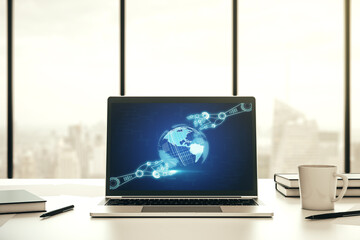 Aufkleber - Creative concept of robotics technology with globe sketch on modern laptop screen. Robot development and automation concept. 3D Rendering
