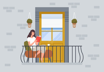 Canvas Print - Woman reading on balcony. People relax sitting on chair in modern balcony building exterior vector background. Comfort terrace for coffee and reading book illustration