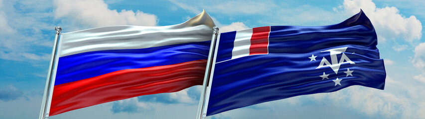 Southern and Antarctic Lands Flag and Russia Flag waving with texture in Blue sky and clouds Double flag