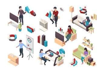 Wall Mural - Online work. Live video streaming with remote office workers web conference businessman digital persons webinar garish vector isometric collection set. Online freelance remote workplace illustration