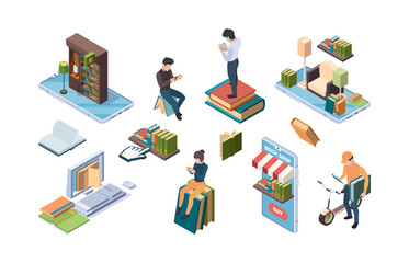 Sticker - Online library. Isometric books people reading internet dictionary education concept icons garish vector illustrations. Isometric book library online, technology online