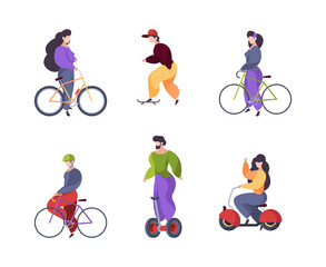 Sticker - Riding people. Urban transport car scooter electric segway motorbike longboard skate garish vector flat characters riders isolated on white background. Illustration urban electric transport