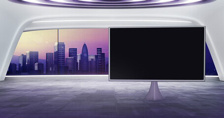 Wall Mural - futuristic virtual set backdrop with screen. ideal for tv shows, presentations or events. a 3d rende