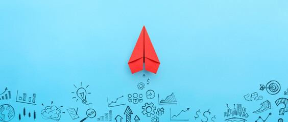 Wall Mural - Red paper plane and business strategy on blue background, Business success, innovation and solution concept