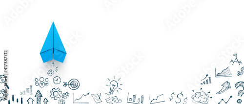 Obraz Dibond Blue paper plane and business strategy on white background, Business success, innovation and solution concept, copy space
