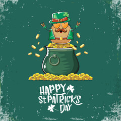 Happy Saint Patricks day greeting card with funky leprechaun potato character with green particks hat and Pot Full of Golden Coins on green background. Rock n roll patricks day funky character