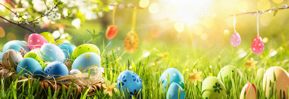 Spring Natural Background With Easter Eggs and Fresh Green Grass - obrazy, fototapety, plakaty 