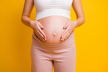 Sticker - Cropped view of attractive pregnant girl touching big large stomach isolated over bright yellow color background