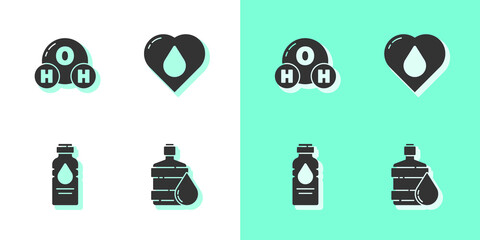 Canvas Print - Set Big bottle with clean water, Chemical formula for H2O, Bottle of and Heart drop icon. Vector.