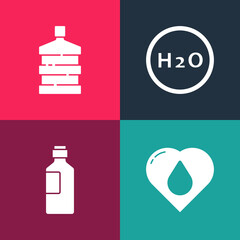 Sticker - Set pop art Heart with water drop, Bottle of, Chemical formula for H2O and Big bottle clean icon. Vector.