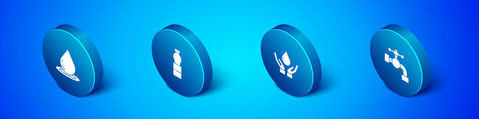 Wall Mural - Set Isometric Water drop, Washing hands with soap, tap and Bottle of water icon. Vector.