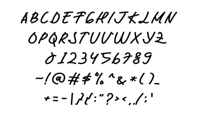 Poster - hand writing font in vector design graphic. uppercase and bold alphabet, numeric, and symbols letter illustration for book, note, magazine, poster, etc. modern handwritten typography.