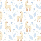 Fototapeta  - Vector seamless pattern with cute cartoon lamas. Wallpaper with nice alpacas and plants on a white background. Texture for textile or wrapping paper.
