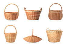 Set With Different Wicker Baskets On White Background