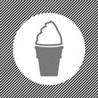 A large ice cream symbol in the center as a hatch of black lines on a white circle. Interlaced effect. Seamless pattern with striped black and white diagonal slanted lines