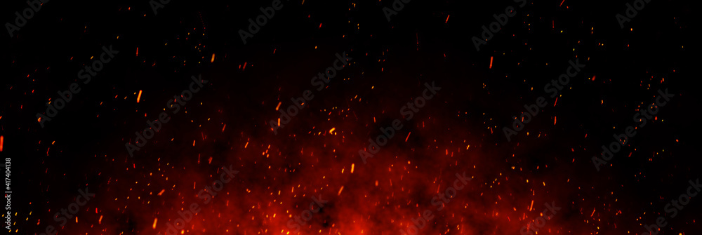 Fire embers particles over black background. Fire sparks background. Abstract dark glitter fire particles lights.	 - obrazy, fototapety, plakaty 
