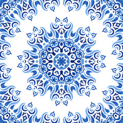 Watercolor tile with mandala. Mediterranean design.