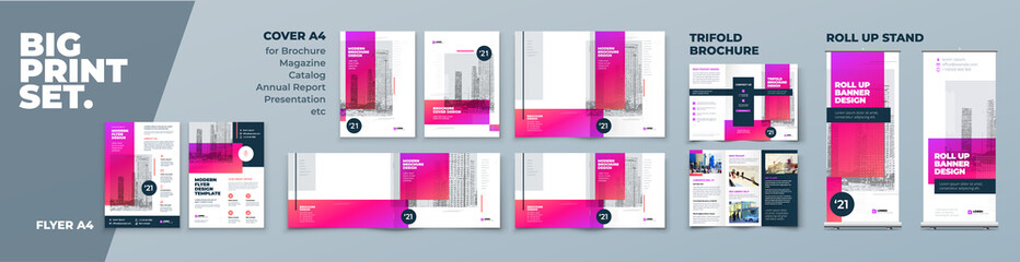 Wall Mural - Corporate Identity Print Template Set of Brochure cover, flyer, tri fold, report, catalog, roll up banner. Branding design in Biege colors. Business stationery background design collection.