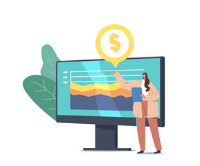 Poster - Business Presentation, Meeting or Seminar. Tiny Businesswoman Character Financial Monitoring Statistics at Huge Monitor