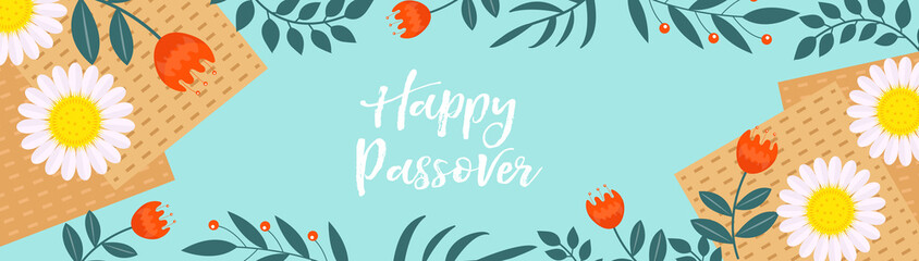 Passover banner. Pesach template for your design with matzah and spring flowers. Happy Passover inscription. Jewish holiday background. Vector illustration