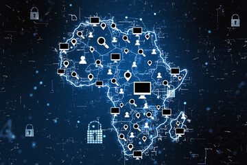 Cyberspace communication concept with digital Africa map, glowing social media icons, computer signs and locks at dark background