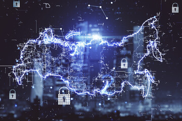 Aufkleber - Cyberspace communication concept with Russia map projection with glowing lines and locks at abstract city skyscrapers background