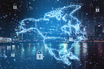 Aufkleber - Digital glowing North America map with locks at New York city background