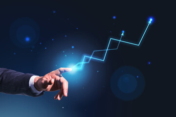 Poster - Launching profitable solutions concept with businessman finger touching digital screen with arrows up at abstract background