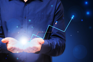 Poster - Work on business success concept with man hands and glowing light bulb with arrows up
