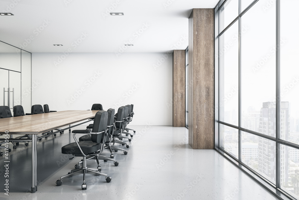 Light spacious meeting room with wooden conference table, black chairs around, glossy floor and big window - obrazy, fototapety, plakaty 