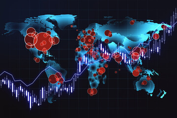 Stock market changes concept with digital world map with red hearts of spreading pandemic and glowing financial graph