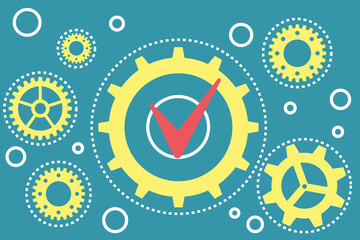 Poster - Right business solution concept with yellow gears illustration and red check mark on blue backdrop