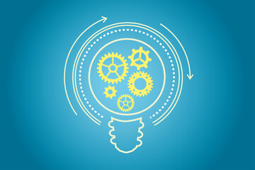 Poster - Business idea concept with white light bulb illustration and yellow gears inside on light blue background