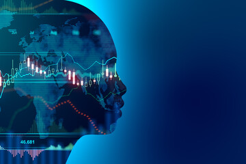 Poster - Ivestment advice by artificial intellingence concept with head silhouette and stock market graphs and diagram inside. Double exposure