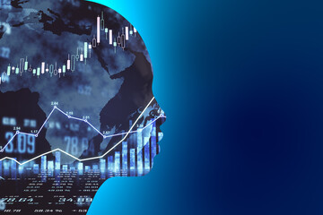 Poster - Artificial intellingence trade market concept with robot silhouette at blue background and forex chart financial graphs inside. Double exposure