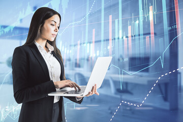 Sticker - Online trade market concept with businesswoman with laptop at digital screen with forex chart graphs background