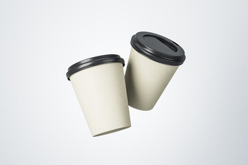 Poster - White blank paper coffee cups with black plastic caps at white background. Mock up