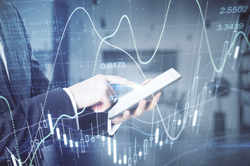 Poster - Forex investment market with businessman working on digital tablet and digital screen with stock market graphs, candlestick and diagram