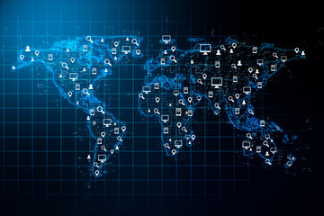 Aufkleber - Social network concept with digital world map, social media icons and abstract glowing squared background