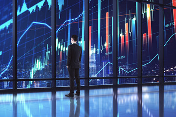 Aufkleber - Trade maket business concept with businessman back looking on digital display with forex chart graphs on window